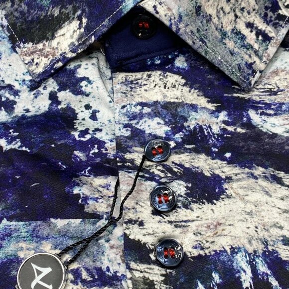 Au Noir Men’s Magnani Woven Stretch Button-Down Shirt – Indigo Abstract - Picture 5 of 10